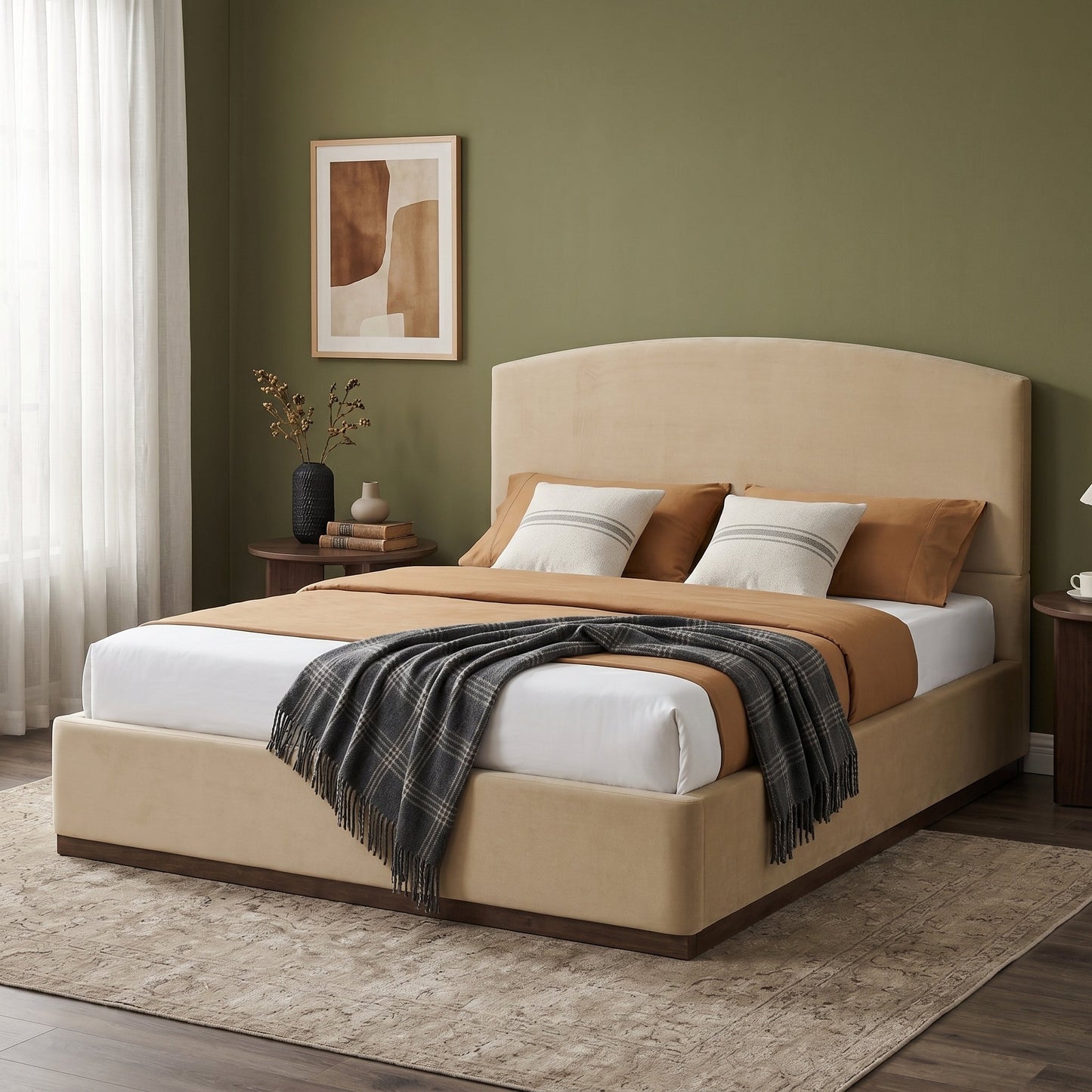 Queen Size Upholstered Bed Frame with Velvet Fabric Thick Headboard