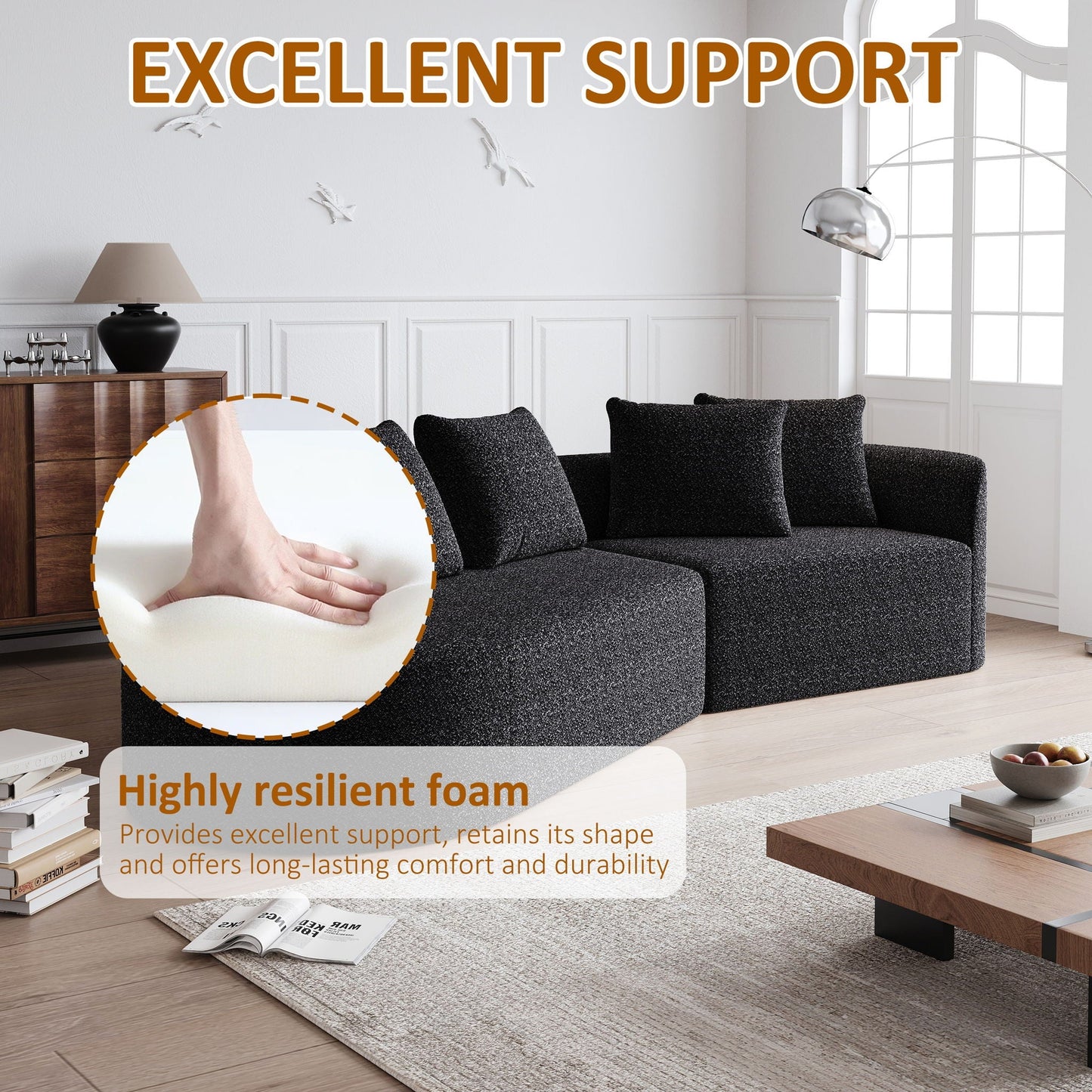 Upholstered Oversized Sectional Sofa, 4 Seater Extra Deep & Wide Seat Curved Cloud Couch With 4 Throw Pillows, Free Combination Living Room - Black