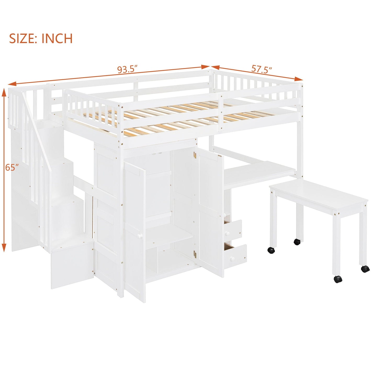 Loft Bed With Stairs, Bookshelf, Drawers, Desk & Wardrobe, Space Saving Multifunctional Furniture