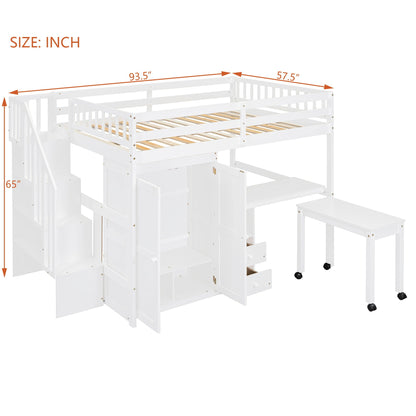 Loft Bed With Stairs, Bookshelf, Drawers, Desk & Wardrobe, Space Saving Multifunctional Furniture