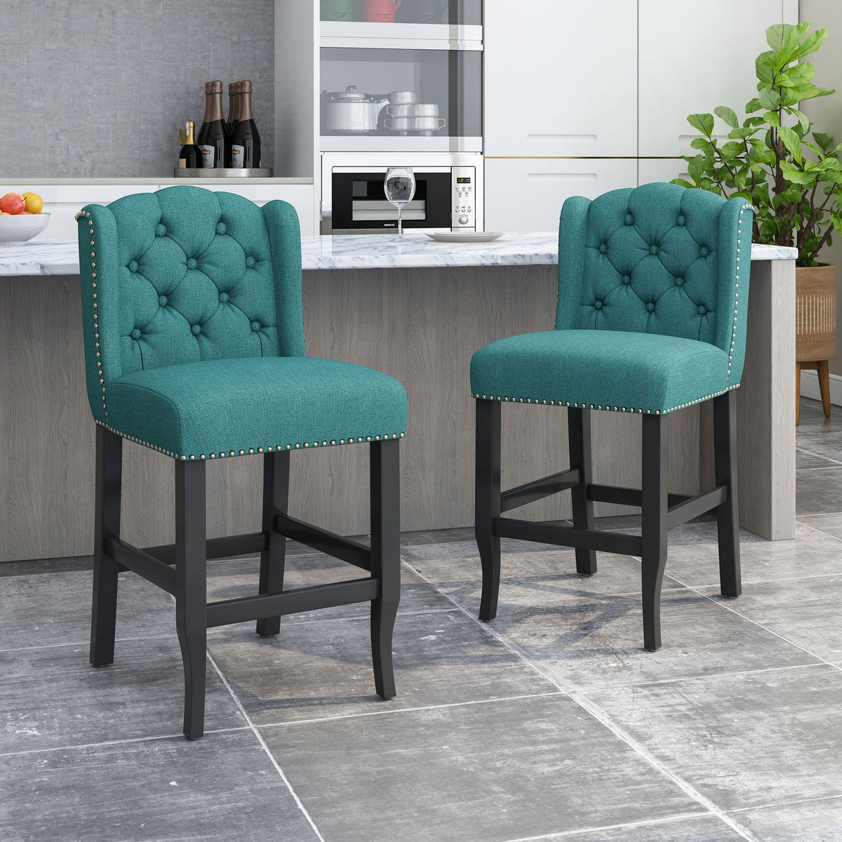 Vienna Fabric Tufted Counter Stool With Nailhead Accents (Set of 2)