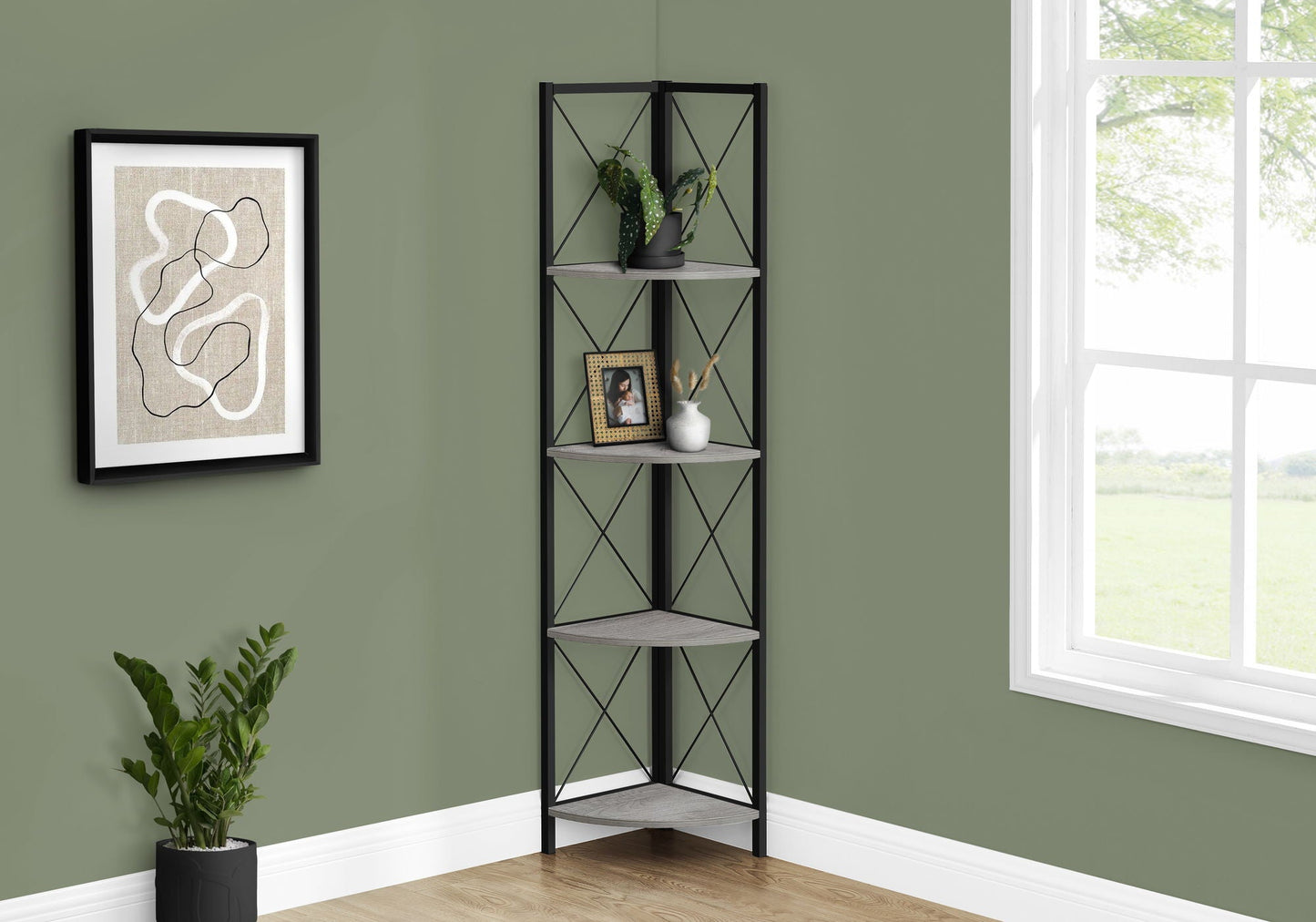 4-Tier Corner Bookshelf with Marble Look and Metal Frame