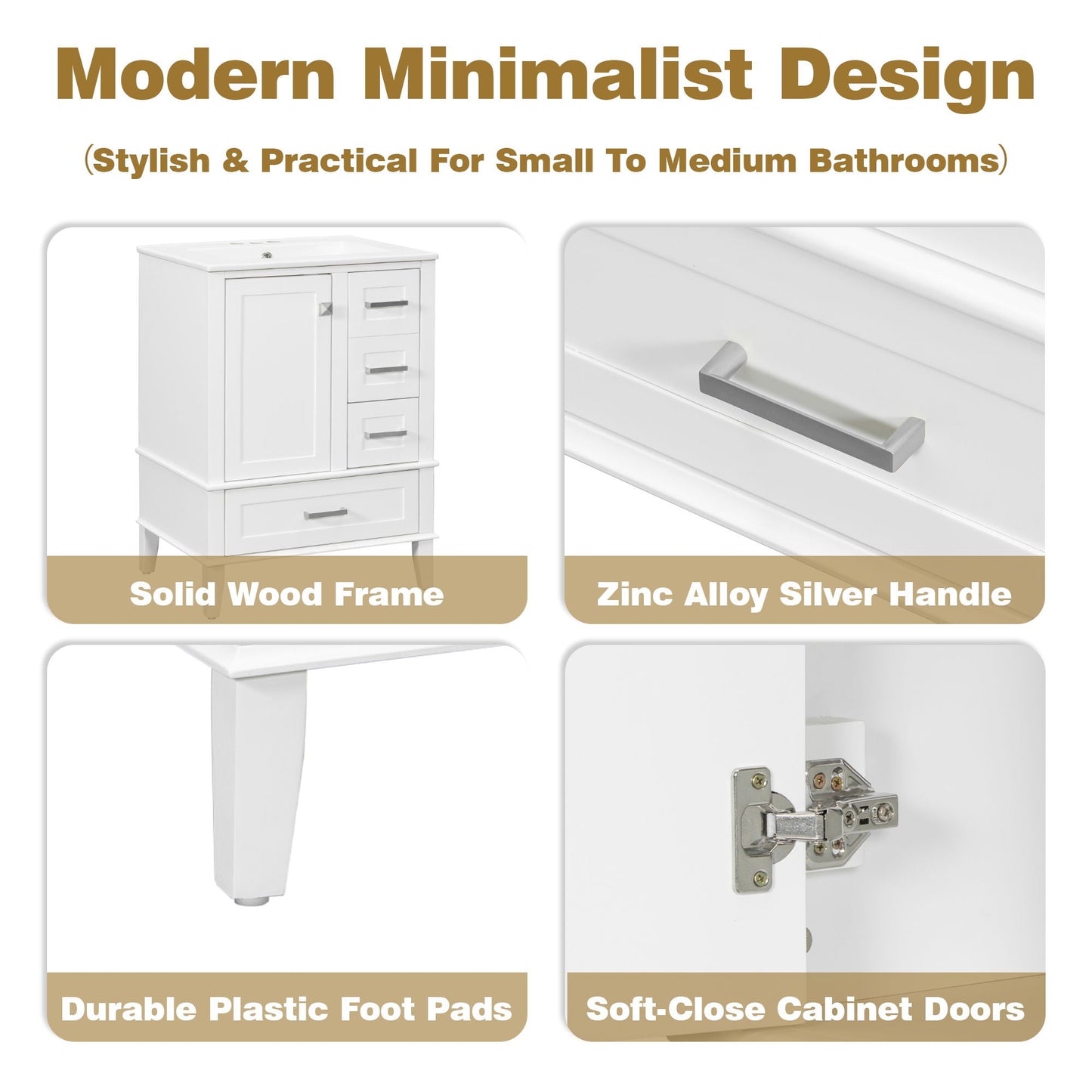 Bathroom Vanity, Modern Bathroom Cabinet With Sink Combo Set, Bathroom Storage Cabinet With A Soft Closing Door And 3 Drawers, Solid Wood Frame