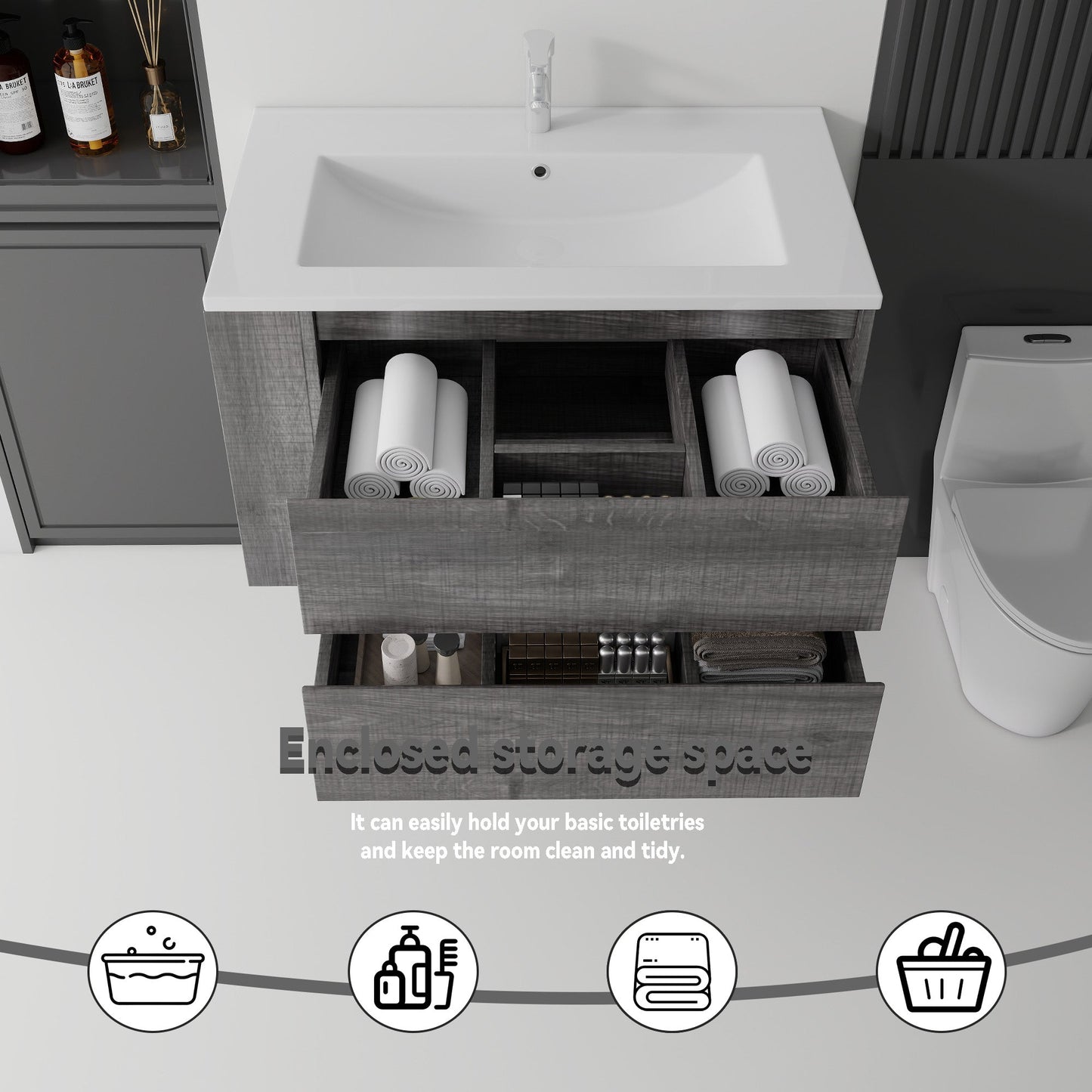 36 Inch Floating Bathroom Vanity with Sink, Soft-Close Door, Ceramic Sink, Plywood