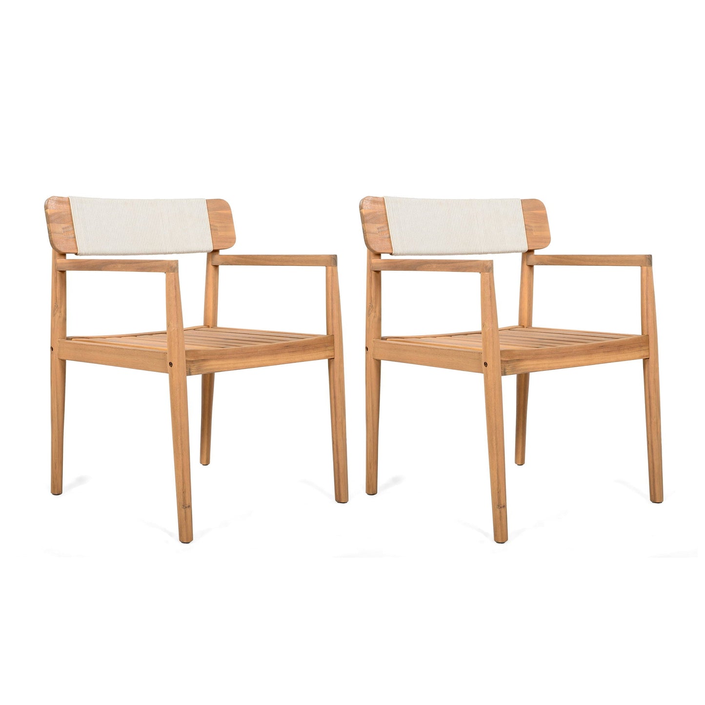 Creative Braided Acacia Wood Outdoor Dining Chairs with Armrests (Set of 2) - Teak / White