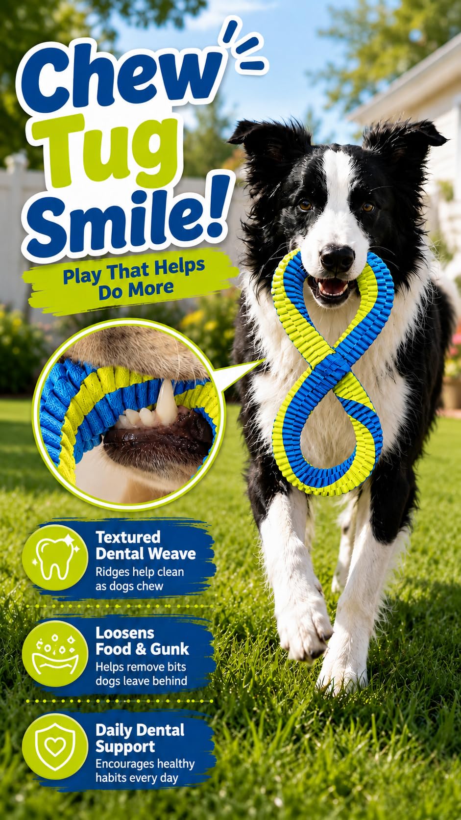 Dental Cleaning Tug Toy For Dogs, Dog Dental Toy, L With Textured Dental Weave, Washable Two Loop Figure 8 Design For Supervised Tugging, Chewing And Fetch