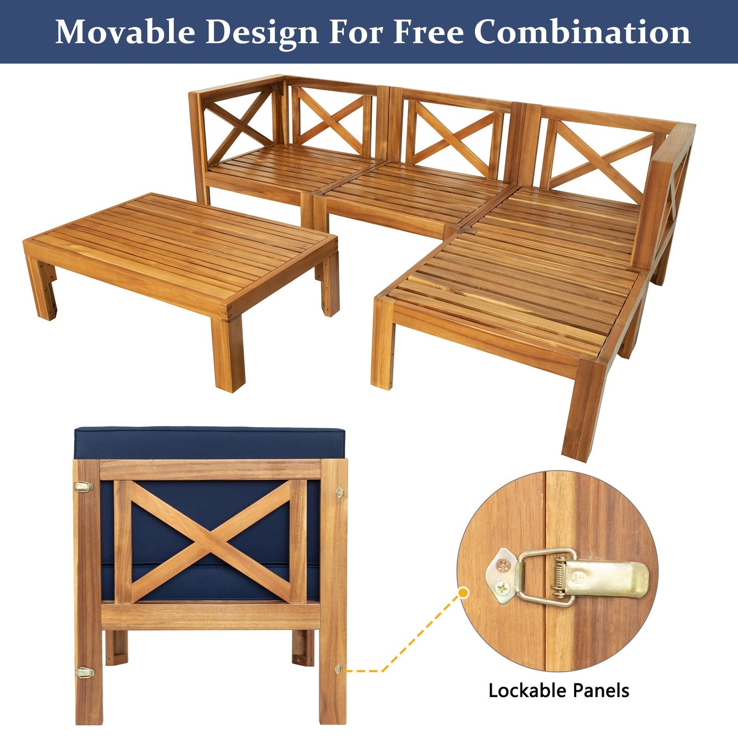 TOPMAX Outdoor 5-Piece Wood Sectional Patio Sofa Set with Blue Cushions