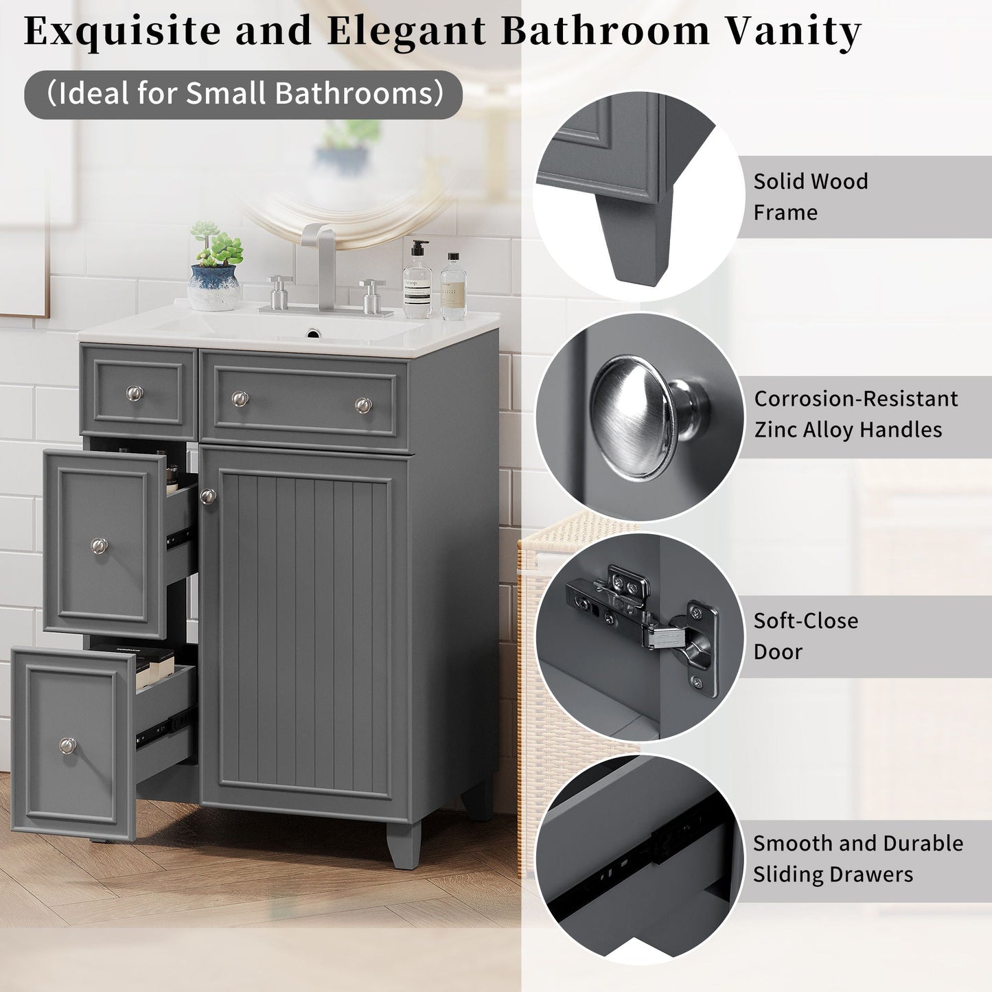 Transitional Style Bathroom Vanity Cabinet With Ceramic Sink