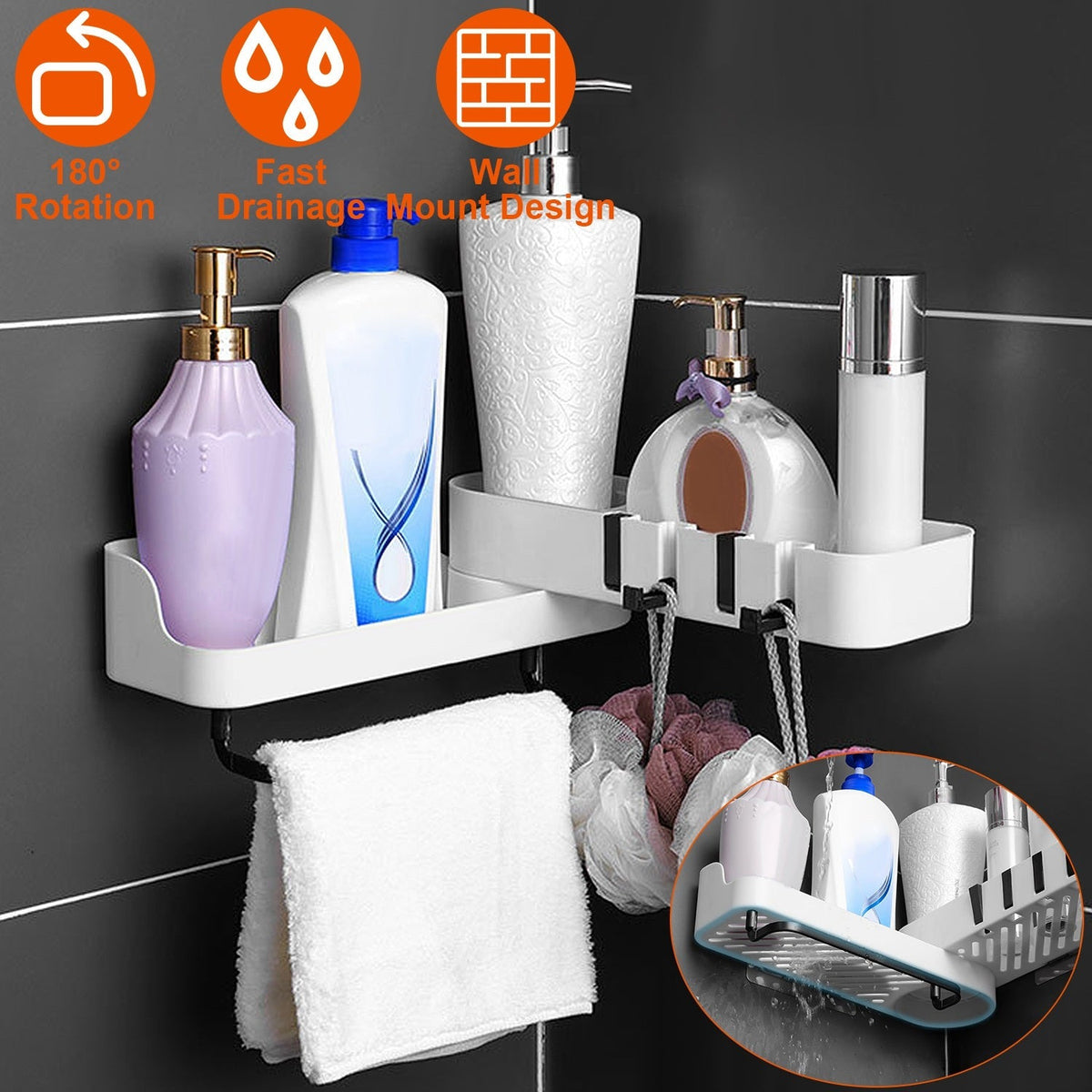 180¡ Rotatable Bathroom Corner Caddy Shelf No Drilling Wall-Mounted Storage Rack for Toiletries