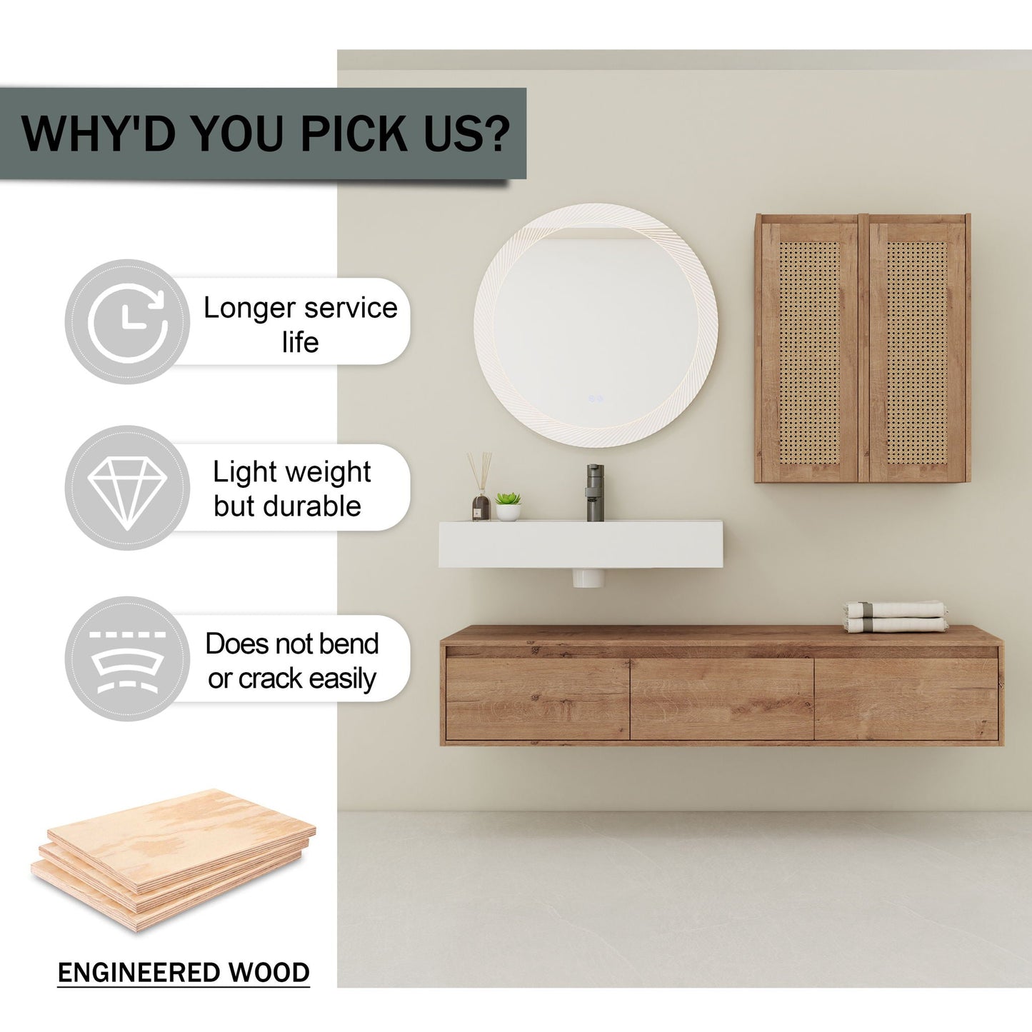 Modern Wall Mounted Bathroom Vanity With Resin Sink And 2 Side Cabinet, Construction - Imitative Oak