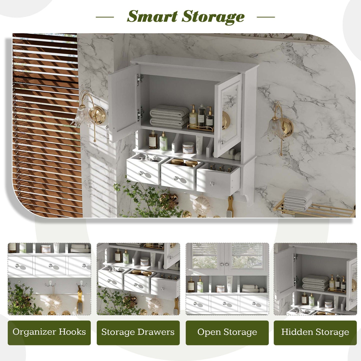 Modern Bathroom Mirror Cabinet With Drawers, Organizer Hooks, And High-Definition Mirrors