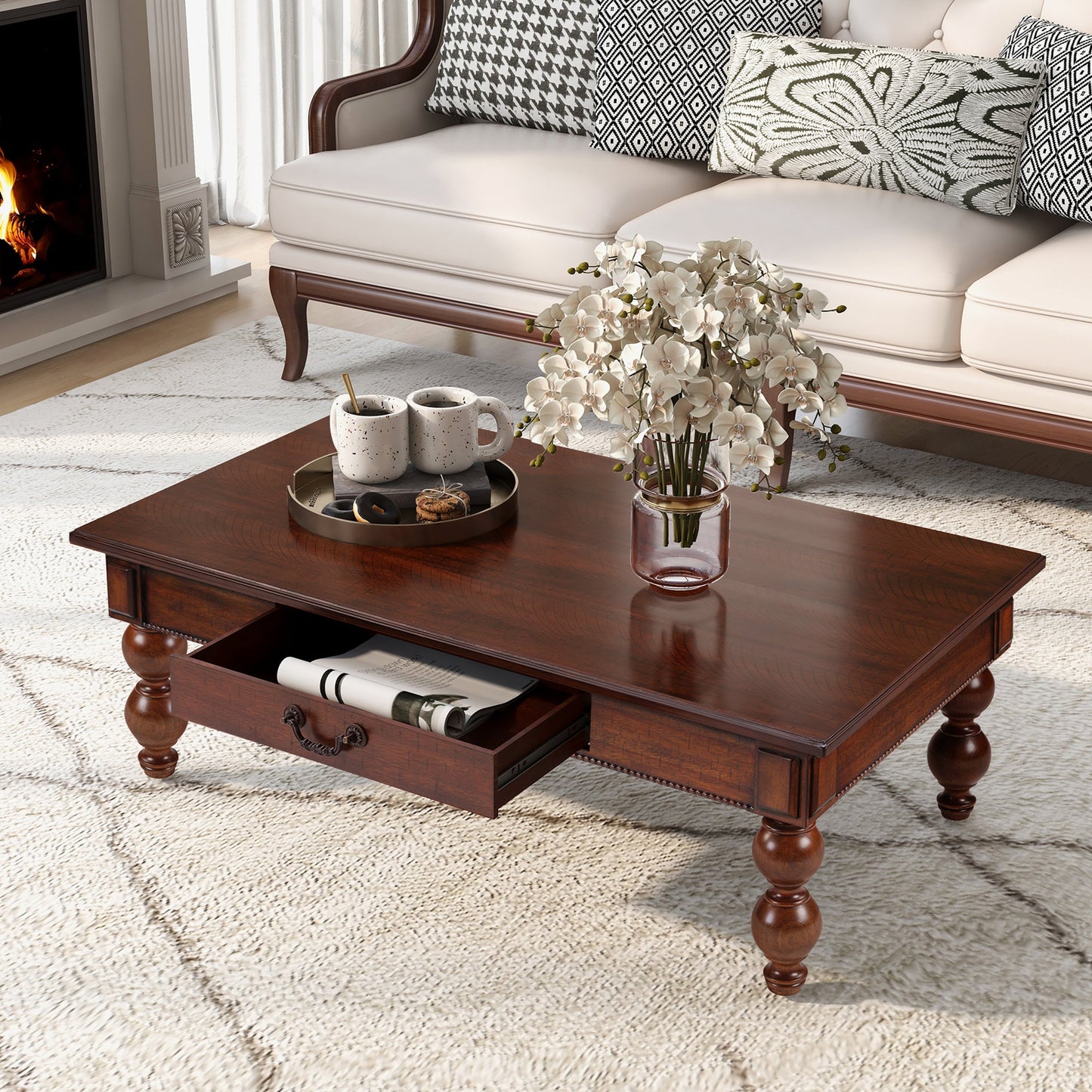 Rectangular Wooden Coffee Table with Storage Drawer