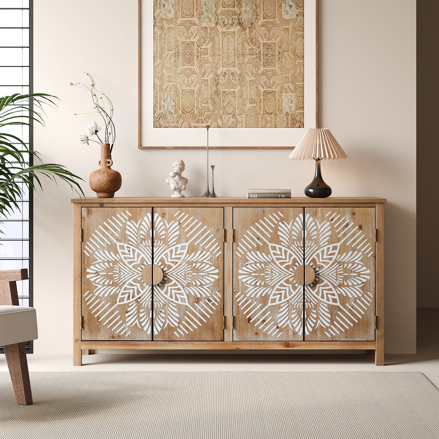 60" Wood Accent Cabinet with 4 Doors Brown and Antique White