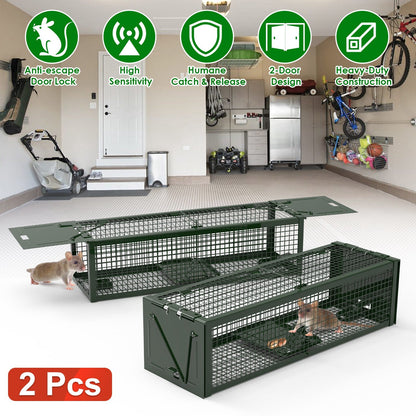 2-Pack Humane Live Rat Trap Cage with Dual Doors