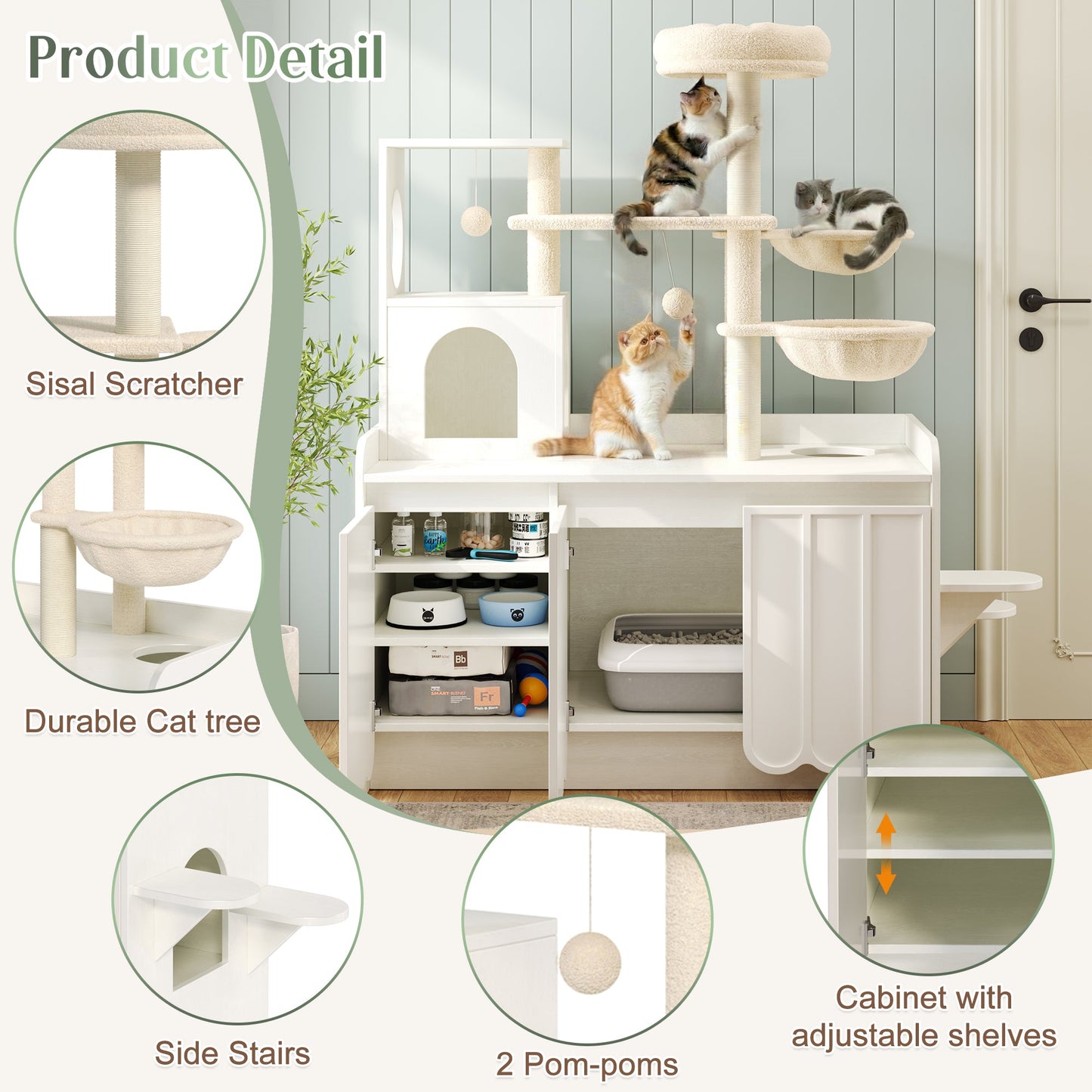 50.6" Cat Tree with Litter Box Enclosure, Sisal Scratching Post & Storage