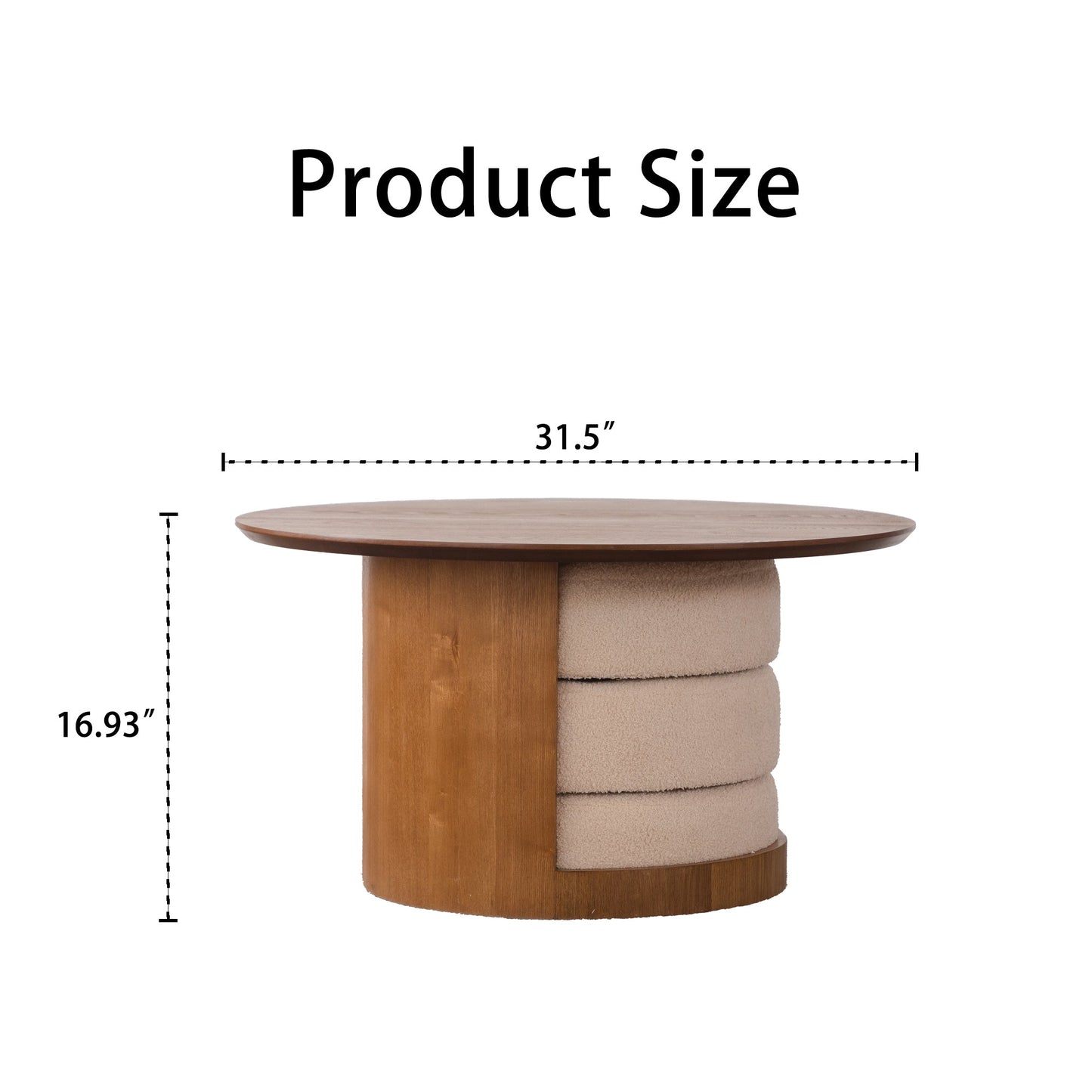 31.5" Round Wood Coffee Table with 3 Teddy Fabric Nesting Stools
