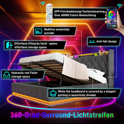 Upholstered Bed, 360 Surround LED Function, Remote Control, Hydraulic Storage Bed With USB, Type-C Charging (Without Mattress)