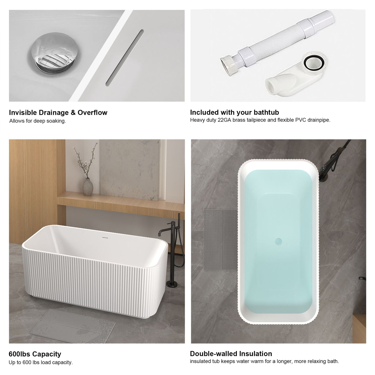Rectangle Linear Freestanding Soaker Tub With Pop Up Drain, Double Wall Insulated Construction - Gloss White