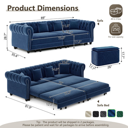 Chesterfield 3-in-1 Pull-Out Sofa Bed, Convertible Sleeper Sofa
