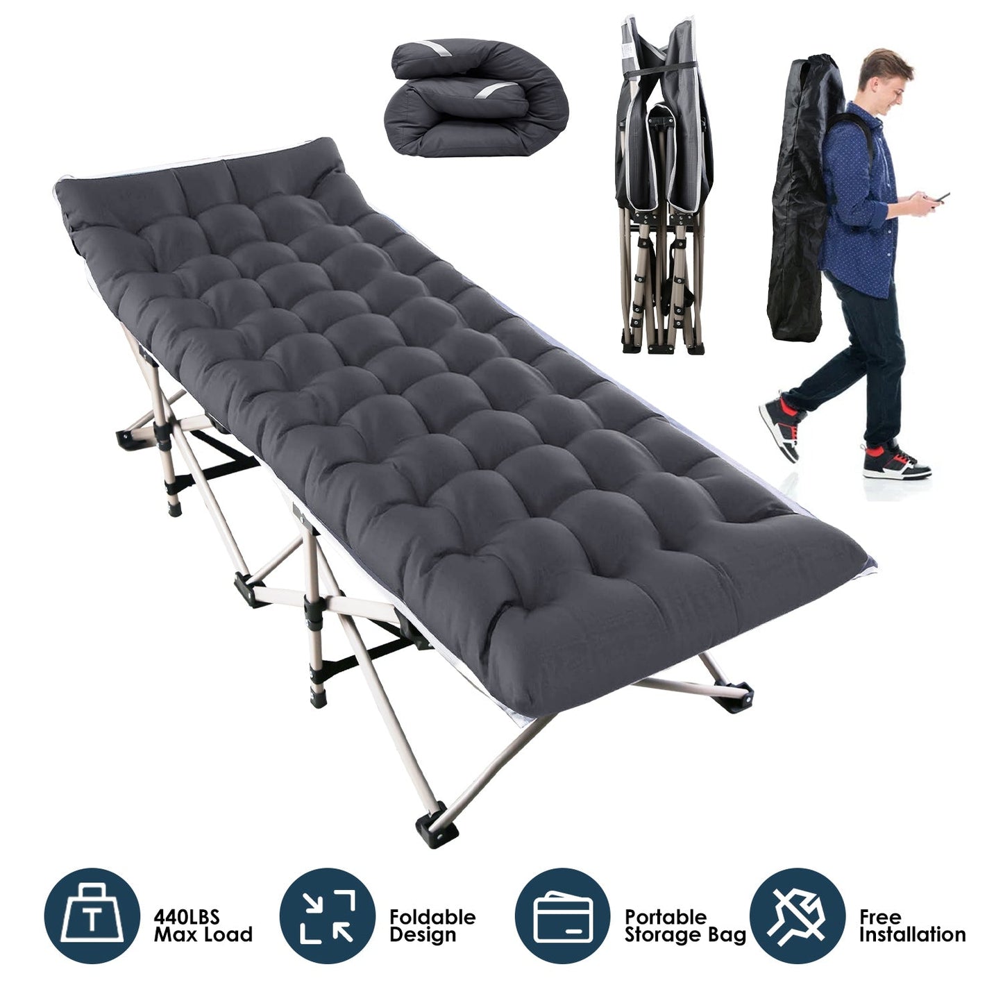 Folding Camping Cot Portable Sleeping Camping Bed Collapsible Travel Camp Cots Guest Bed Cot with 2-Sided Soft Pad 440LBS Max Load