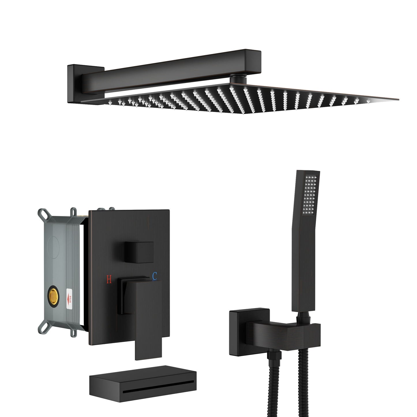 Square Shower System With Waterfall Tub Spout And Rough In Valve, Wall Mounted