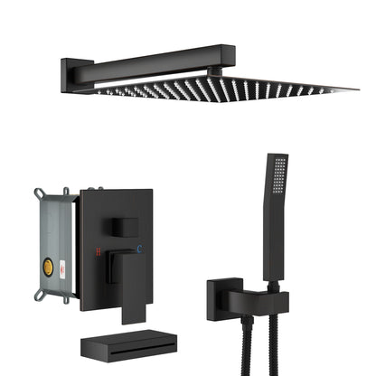Square Shower System With Waterfall Tub Spout And Rough In Valve, Wall Mounted