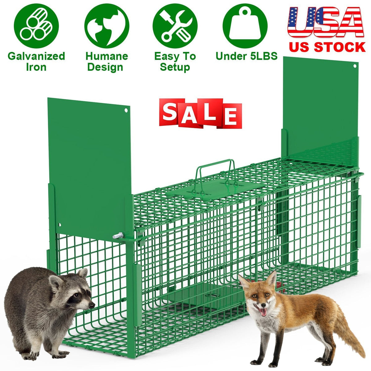 38in 2 Door Live Animal Cage Trap For Animals Under 18LBS Easy To Setup Humane Galvanized Iron Trap Cage For Raccoons Armadillos Groundhogs Muskrats O