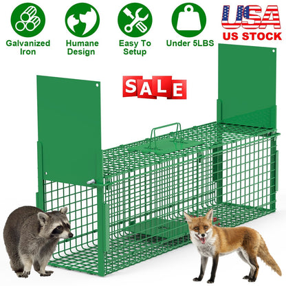 38in 2 Door Live Animal Cage Trap For Animals Under 18LBS Easy To Setup Humane Galvanized Iron Trap Cage For Raccoons Armadillos Groundhogs Muskrats O