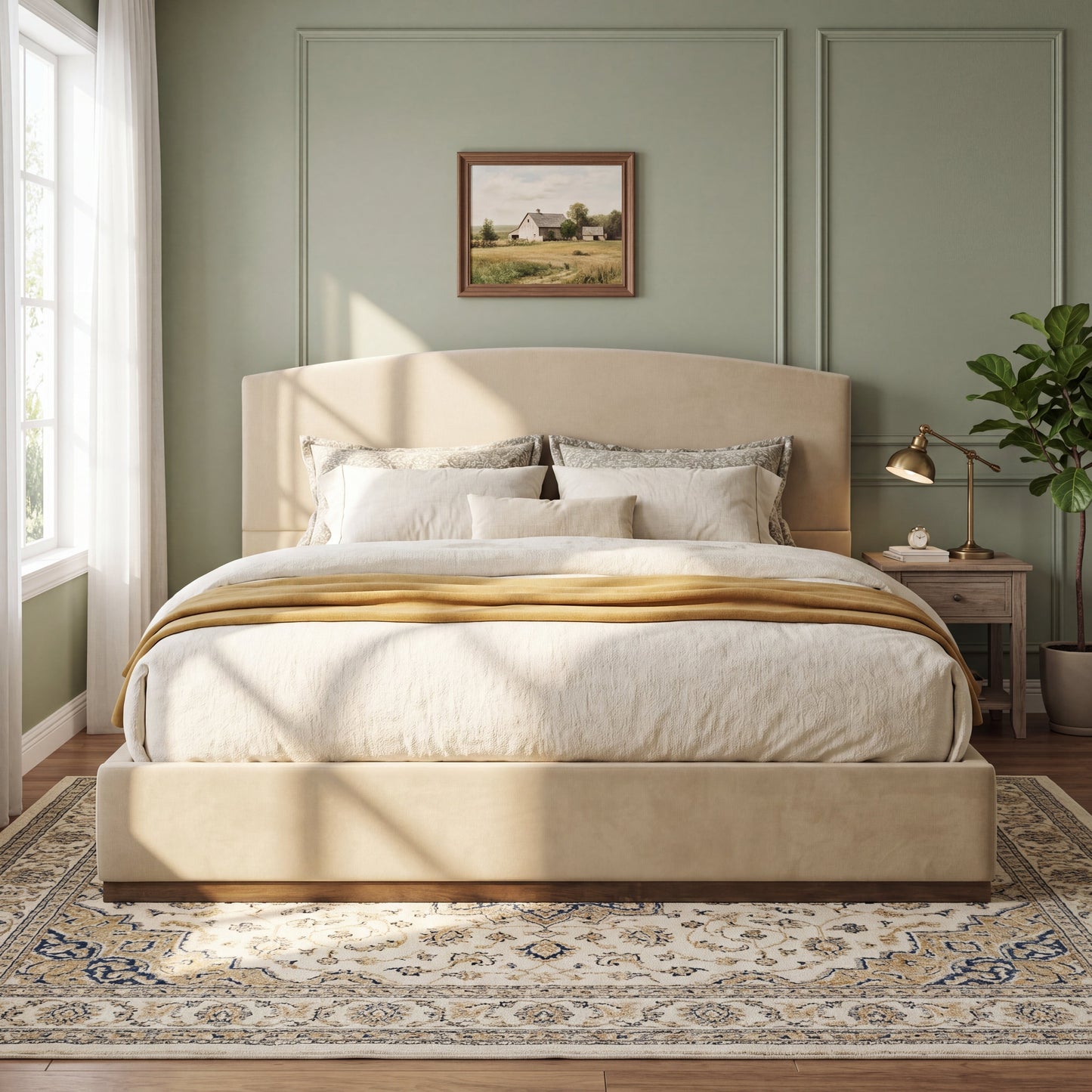 King Size Upholstered Bed Frame With Velvet Fabric Thick Headboard, Solid Wood Base, Camel