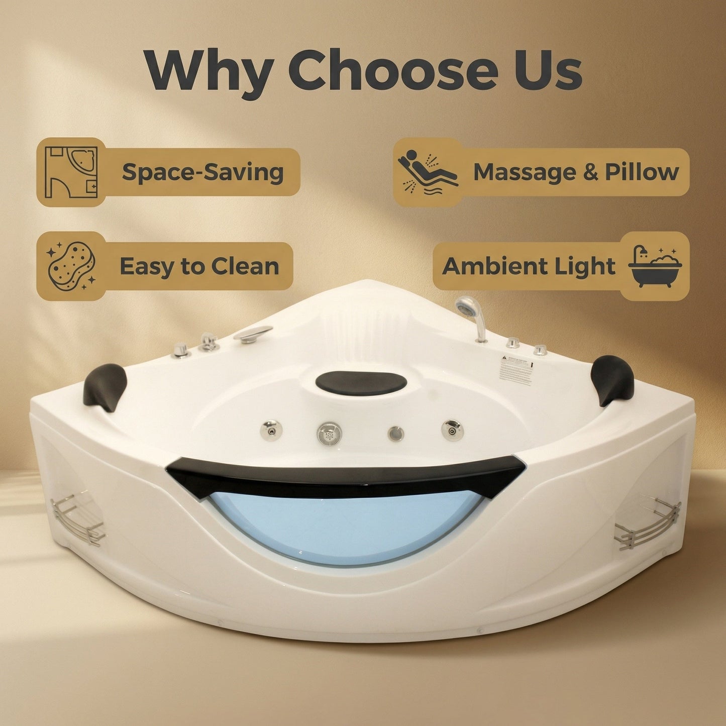 59" Corner Whirlpool Bathtub for 2-Person