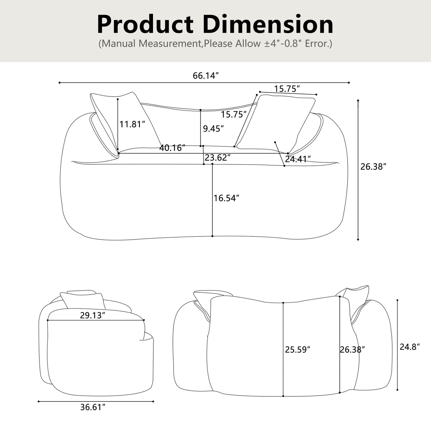 Curved 2 Person Compress Sofa With Armrests, Includes Pillows