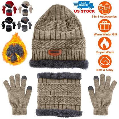 Winter Knitted Hat Scarf Gloves 3Pcs Winter Warm Beanie and Touch Screen Gloves Scarf Set Knit Beanie Skull Cap Neck Warmer Mittens for Men Women