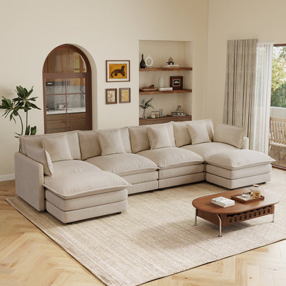 Oversized U Shape Sofa with 2 Ottomans in Light Coffee