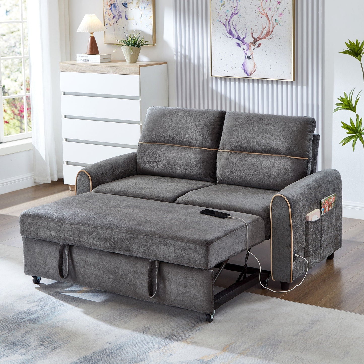 Pull Out Sofa Bed With Adjustable Backrest And USB Charging Ports