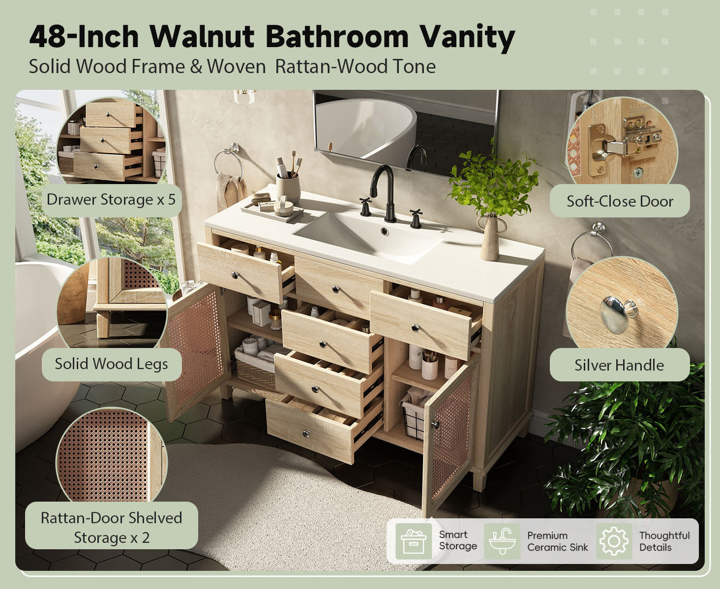 48-Inch Natural Rattan Bathroom Vanity