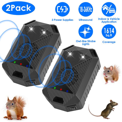 2 Pack Under Hood Ultrasonic Rodent Repeller Rodent Control Deterrent Chaser Blocker for Vehicle Indoor with Strobe Light 3 Power Supplies