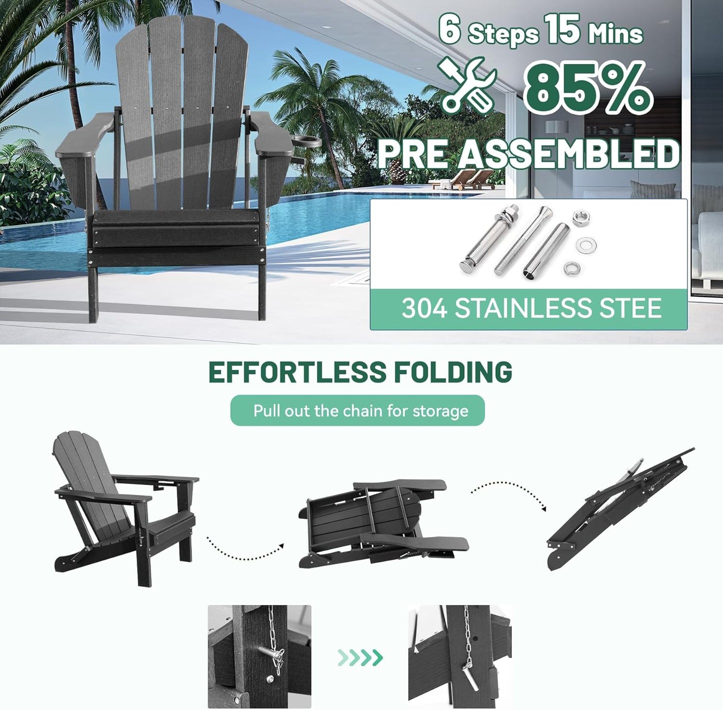 Adirondack Chair with Folding Design and Cup Holder - Gray