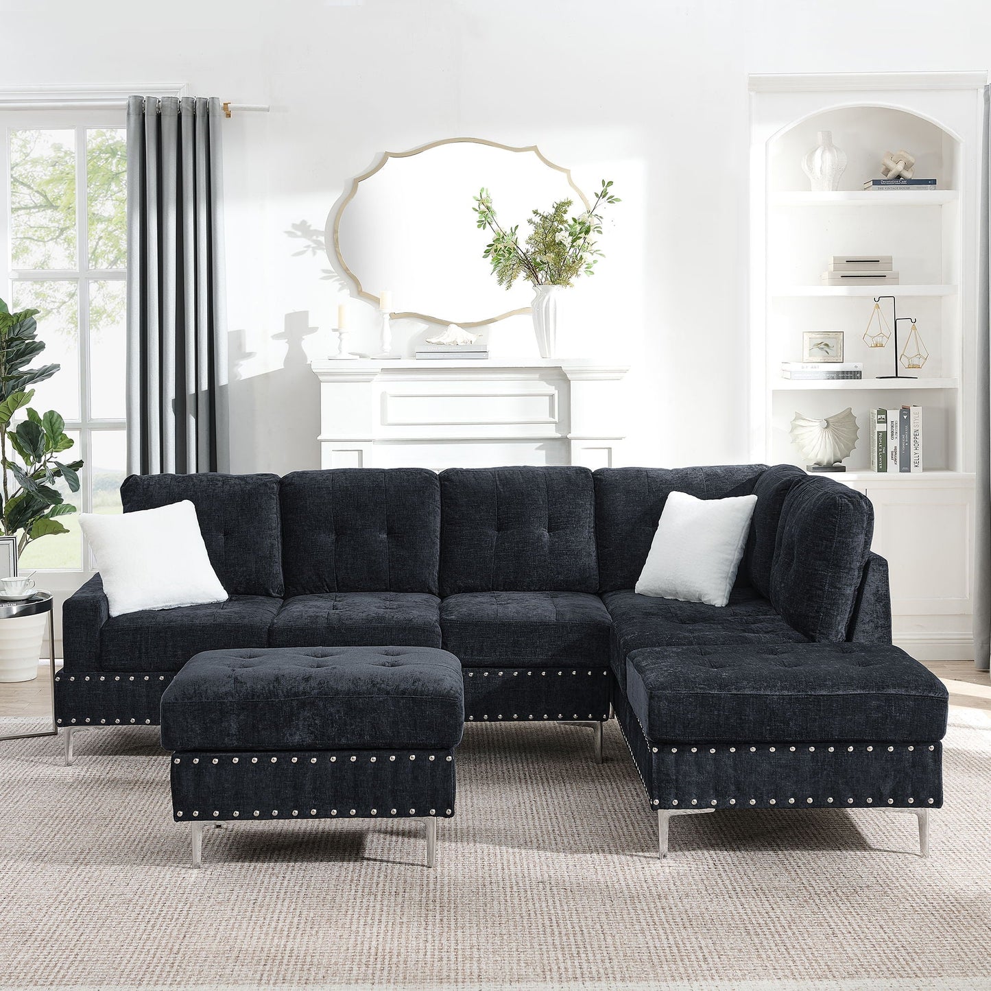 L-Shaped Sectional Sofa With Chaise And Storage Ottoman, Includes 2 Pillows
