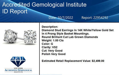 2.00 CTW AGI Certified Lab Grown Diamond (G-VS) Stud Earrings in 14K White or Yellow Gold