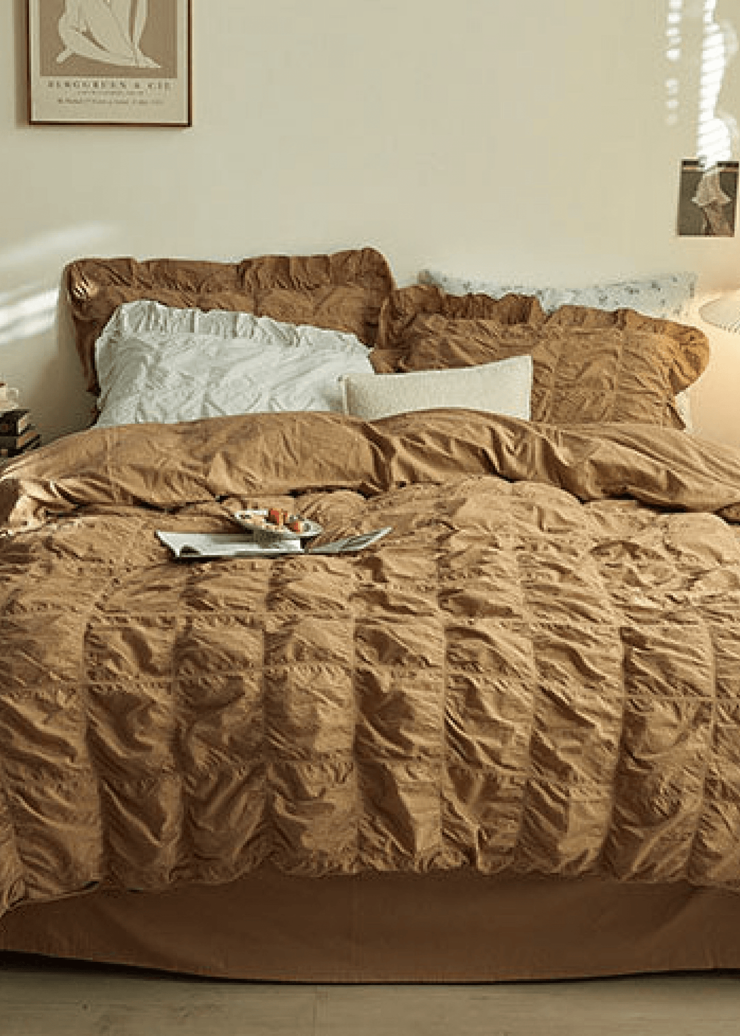 Earth Tone Marshmallow Puff Ruffle Bedding Set / Pumpkin Brown