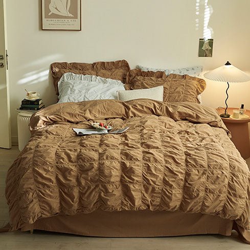 Earth Tone Marshmallow Puff Ruffle Bedding Set / Pumpkin Brown