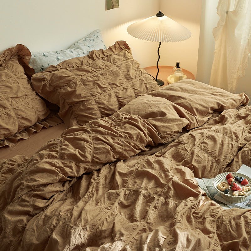 Earth Tone Marshmallow Puff Ruffle Bedding Set / Pumpkin Brown