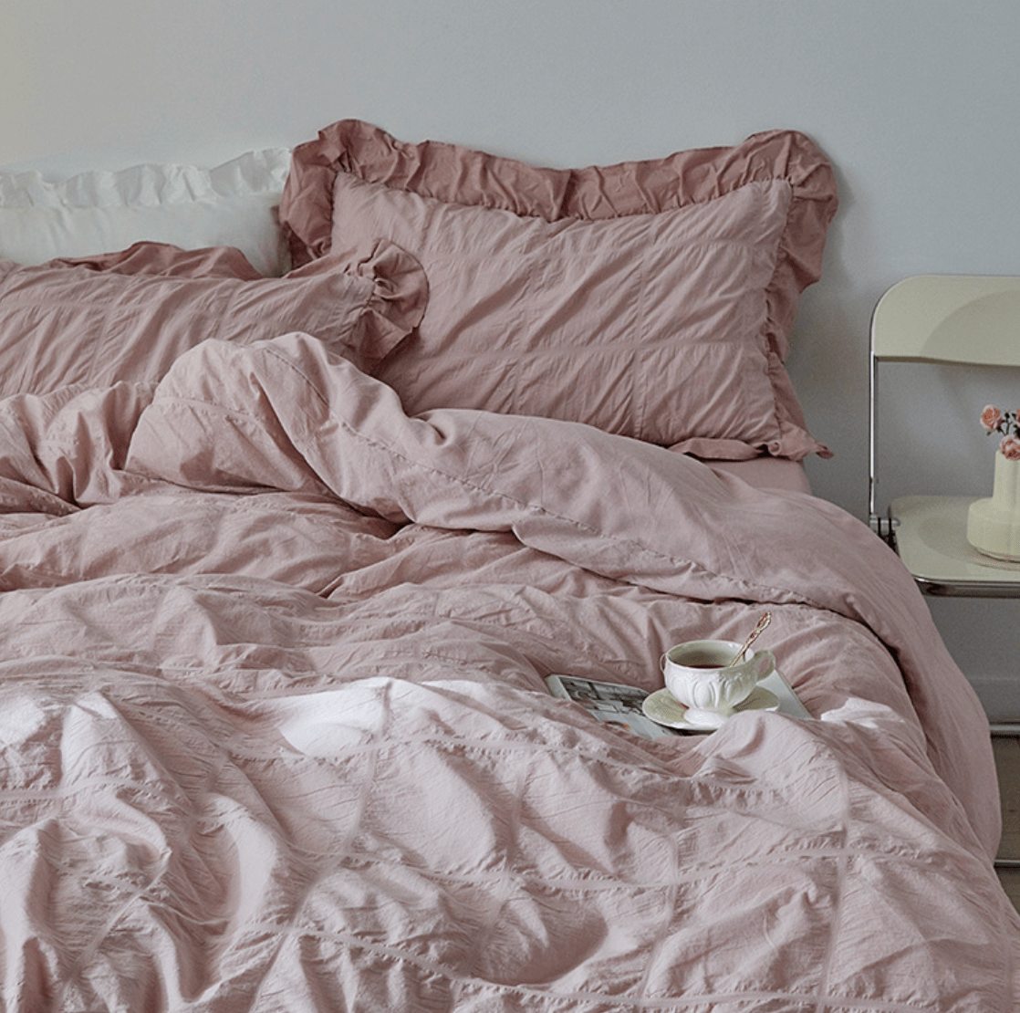 Earth Tone Marshmallow Puff Ruffle Bedding Set / Pumpkin Brown