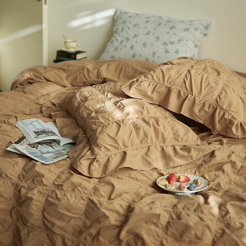 Earth Tone Marshmallow Puff Ruffle Bedding Set / Rust Pink