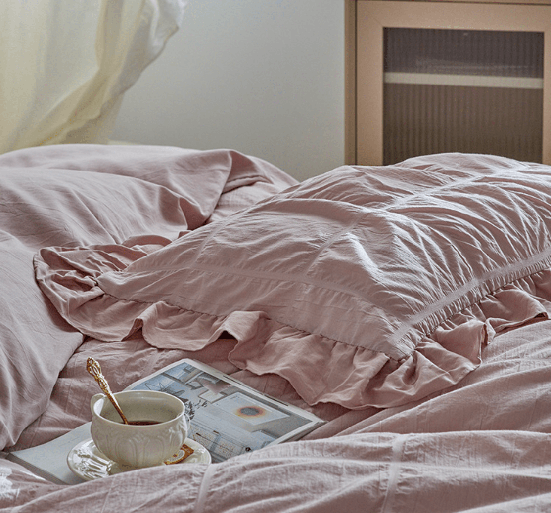 Earth Tone Marshmallow Puff Ruffle Bedding Set / Rust Pink