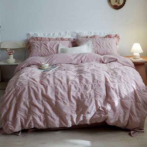 Earth Tone Marshmallow Puff Ruffle Bedding Set / Rust Pink