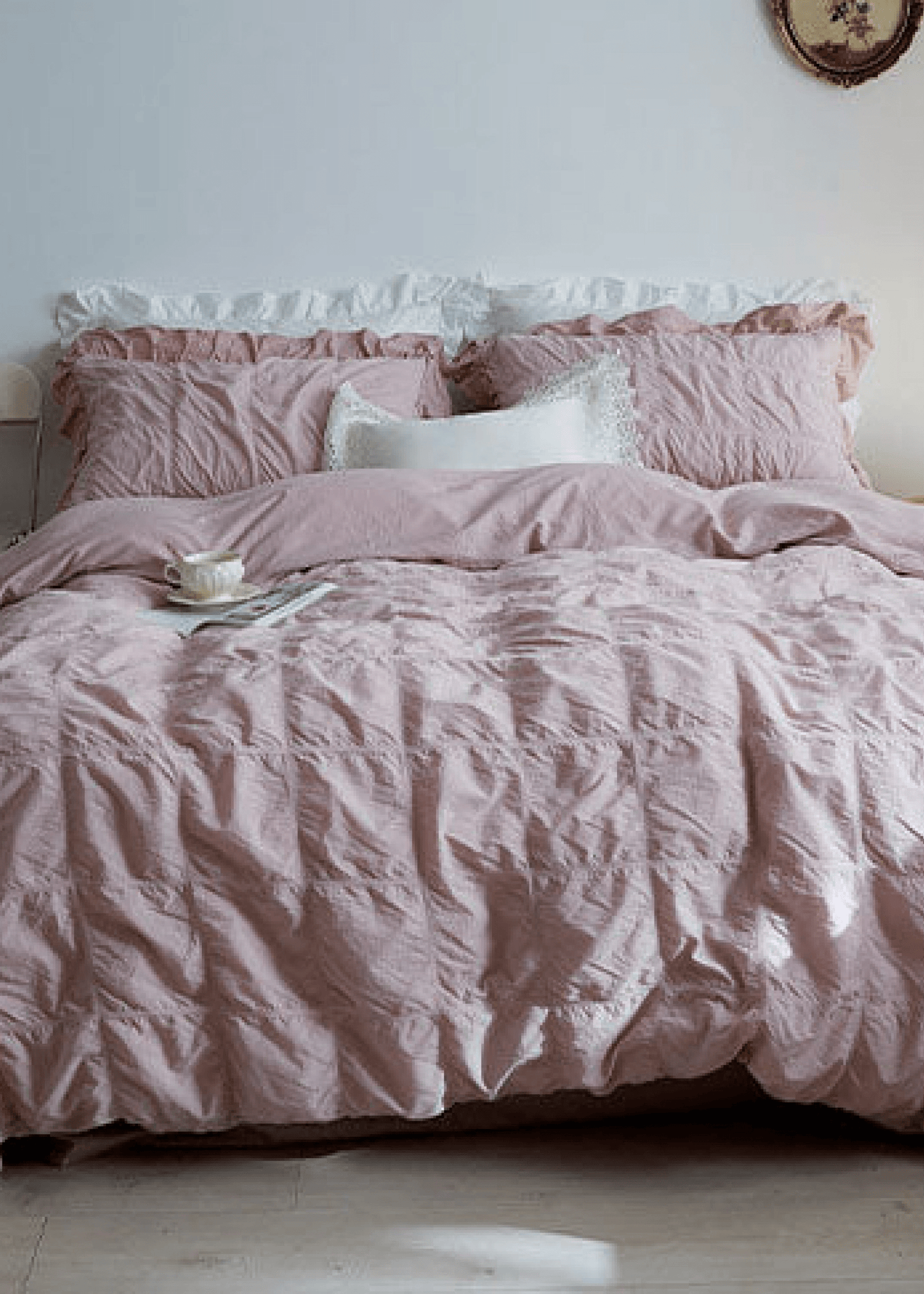 Earth Tone Marshmallow Puff Ruffle Bedding Set / Rust Pink