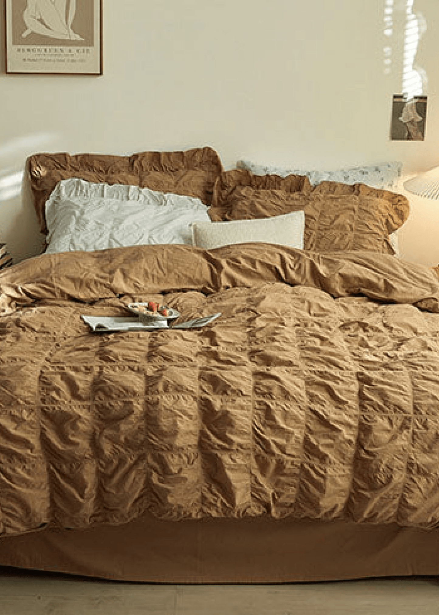 Earth Tone Marshmallow Puff Ruffle Bedding Set / White
