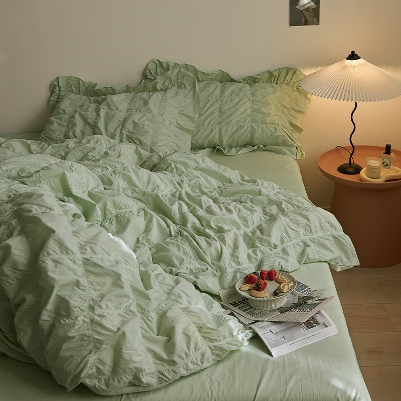 Earth Tone Marshmallow Puff Ruffle Bedding Set / White