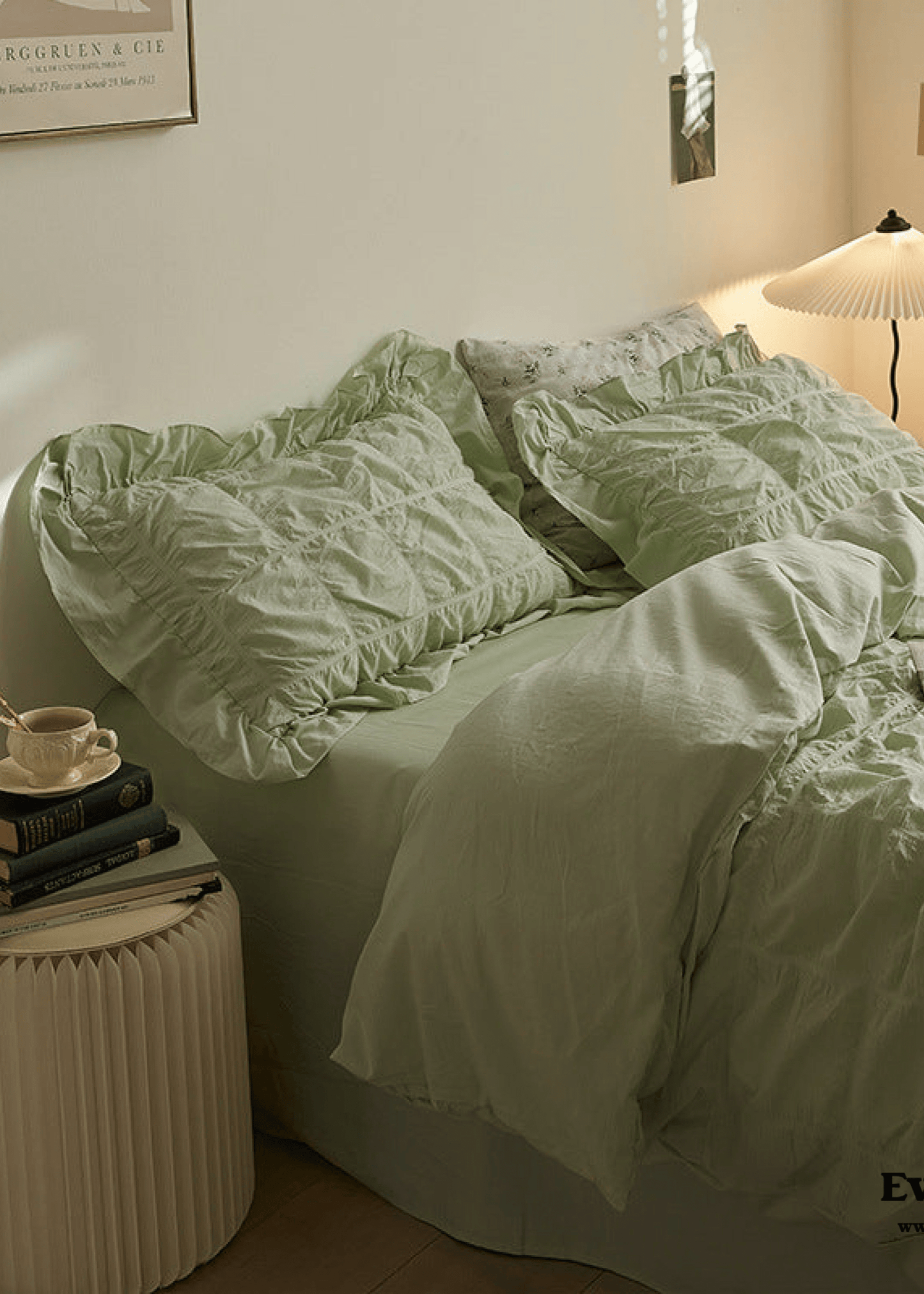 Earth Tone Marshmallow Puff Ruffle Bedding Set / White